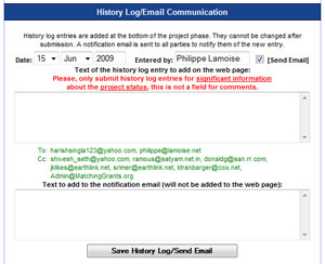 History Log/Email Communication Section